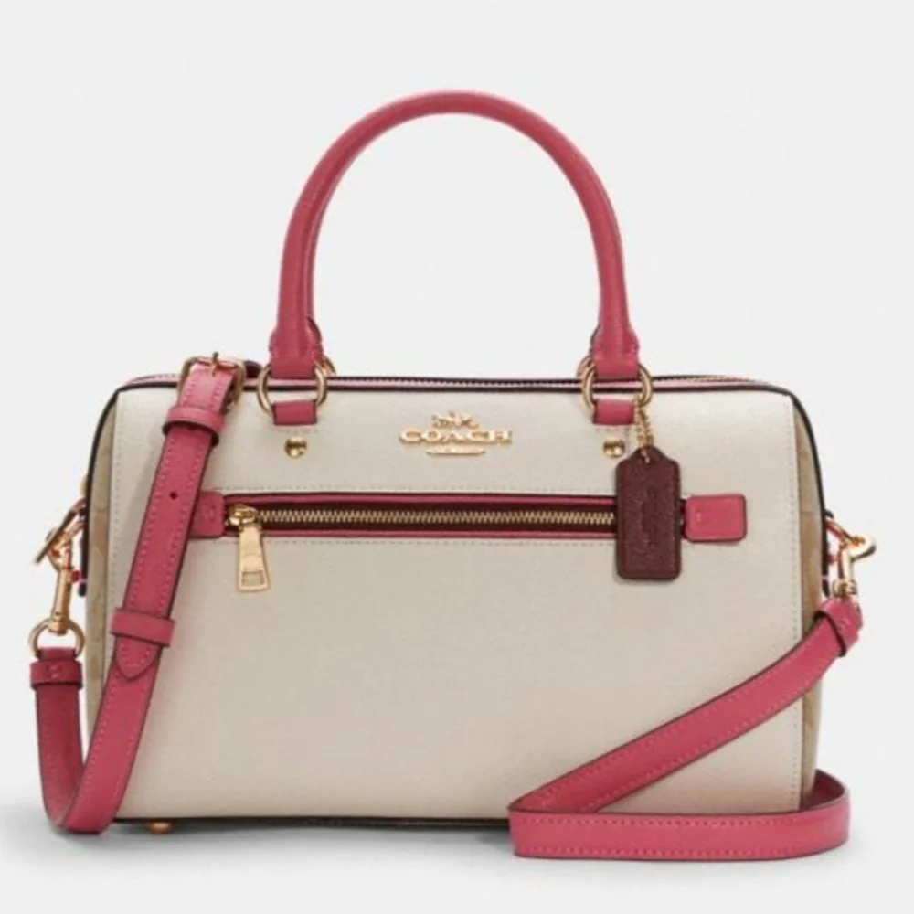 NWT Coach Colorblock Rowan Satchel Handbag Ivory/Pink/Red Leather Signature